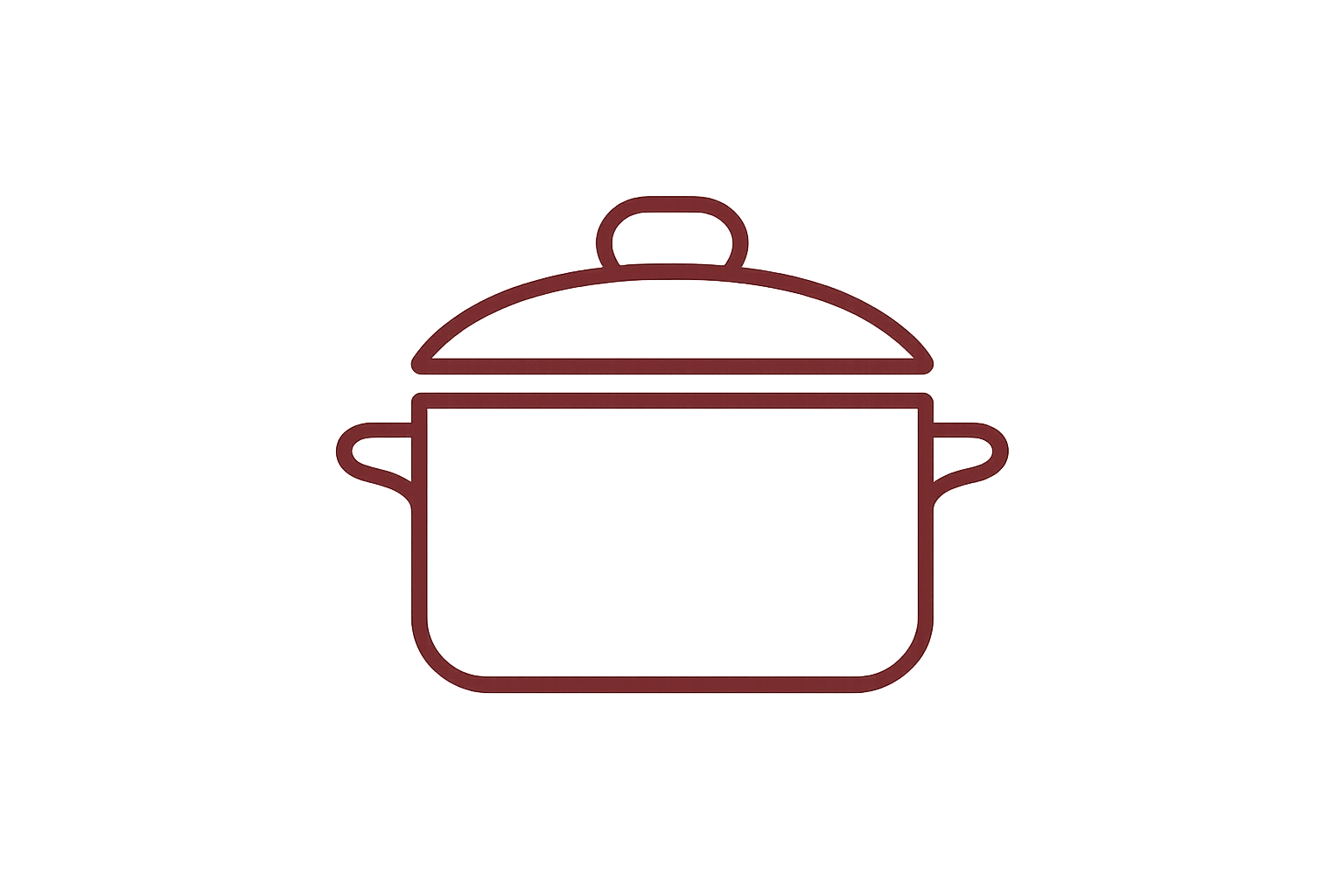 Minimal vector icon of a cooking pot with lid, simple and elegant outline style. Use smooth, balanced lines and a modern look. Outline color deep bordeaux (#6C1E1E), no fill, no shading, no text. Style clean, natural, and consistent with a botanical food brand. Transparent background, SVG format.