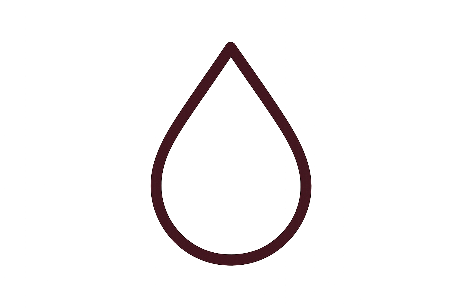 Minimal vector icon of a water droplet outline, hollow in the center (no fill), with smooth and balanced lines. The droplet border is deep bordeaux (#6C1E1E), medium stroke thickness. Style clean, modern, and elegant — suitable for natural product branding. Transparent background, SVG format.