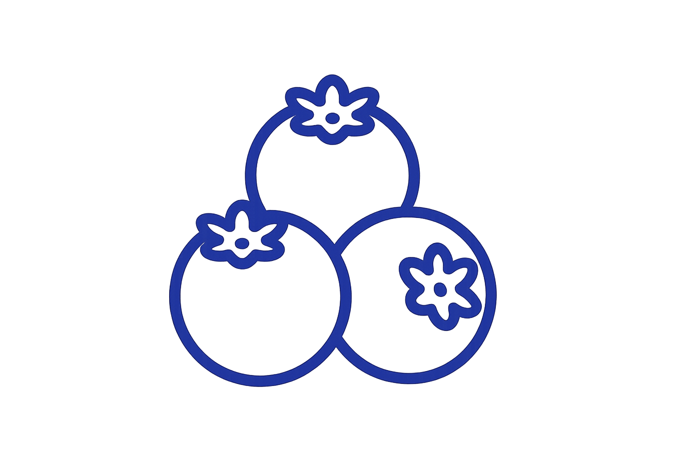 Minimal vector icon of three blueberries grouped together, simple and elegant composition. Each berry has a clean outline and a small floral crown on top. Use a deep blueberry blue color (#2E3A8C) for the outline or fill, no gradients, no shading. Style clean, modern, and natural — suitable for botanical or natural product branding. Transparent background, SVG format.
