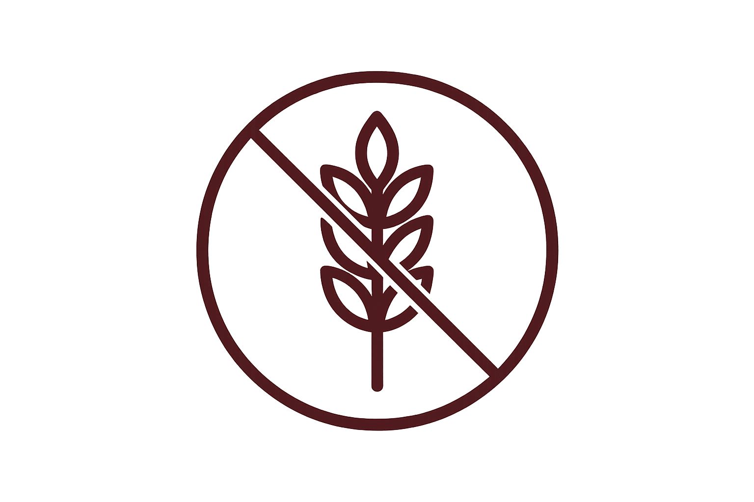 Minimal vector icon representing “grain free”: a clean circle outline with a wheat spike inside, crossed out horizontally with a simple line. Use balanced proportions and smooth lines. Outline color deep bordeaux (#6C1E1E), no fill, no shading, no text. Modern, natural, and elegant style, suitable for botanical or natural pet food branding. Transparent background, SVG format.